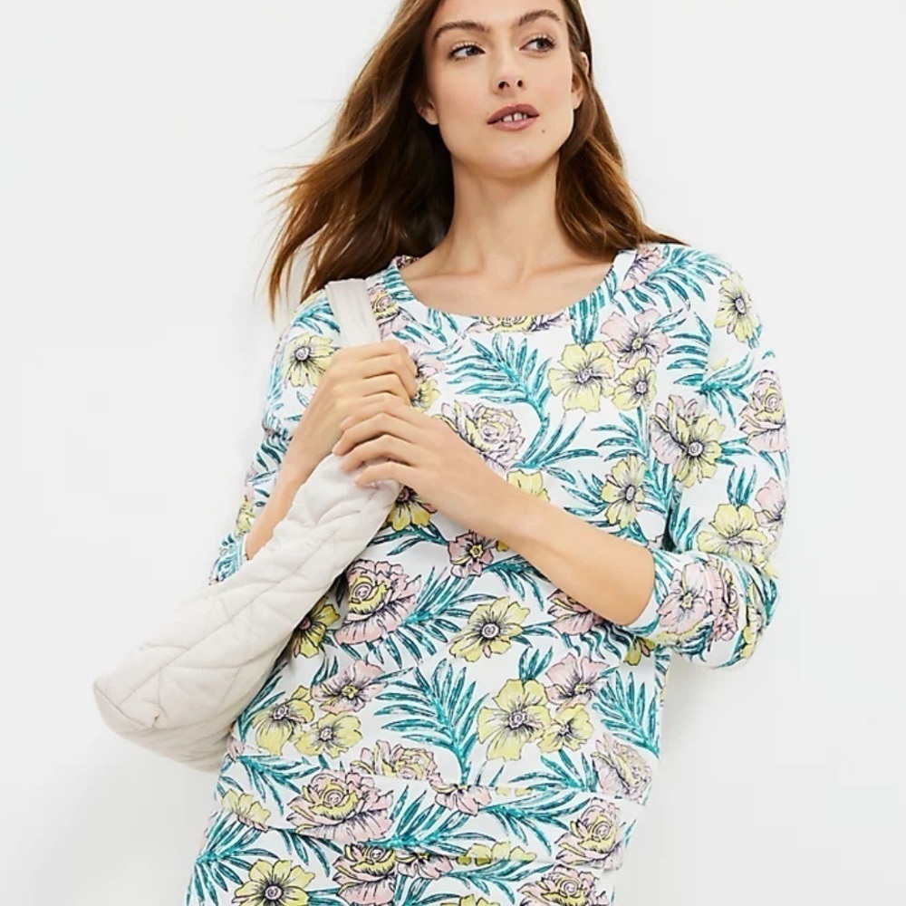Lou & Grey Tropical Cozy Cotton Terry Sweatshirt Medium pastel white floral top